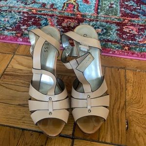 Guess Tan Sandal Pumps stacked wood heel US10  41